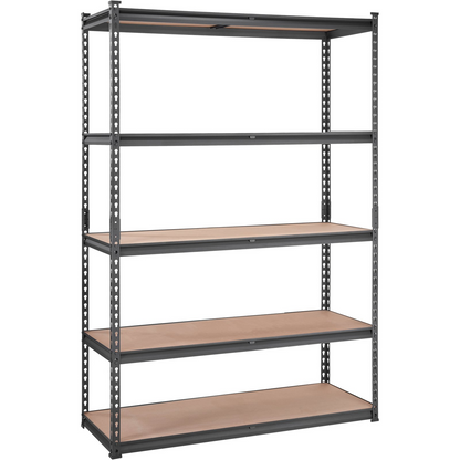 Start2Finish VEVOR 5-tier heavy-duty black metal storage shelving unit with adjustable shelves, 2000 lbs capacity, 18" D x 48" W x 72" H.