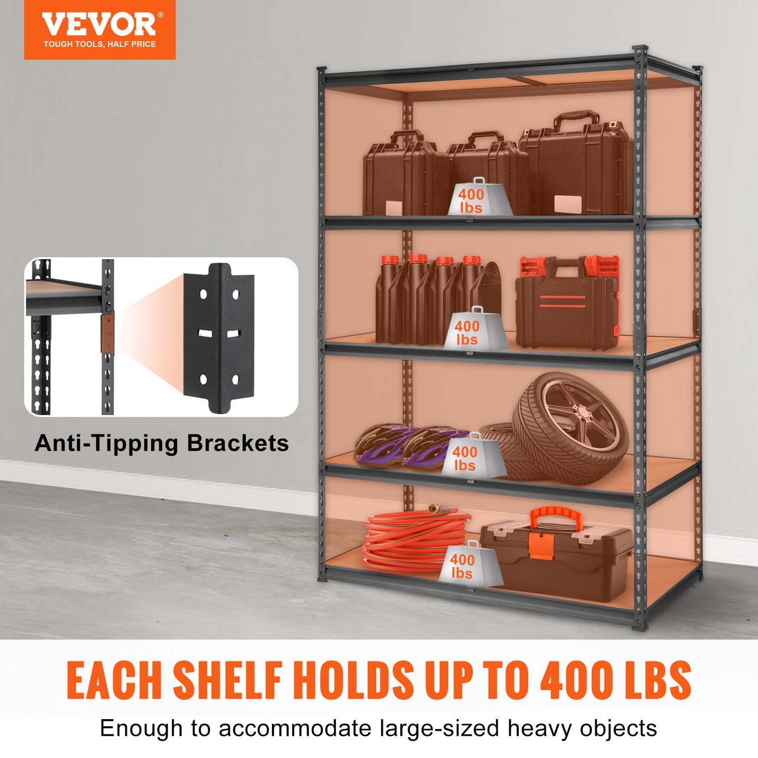 Heavy-duty black VEVOR 5-tier adjustable metal storage shelving unit, 48" x 24" x 72" for garage, kitchen, or basement organization.