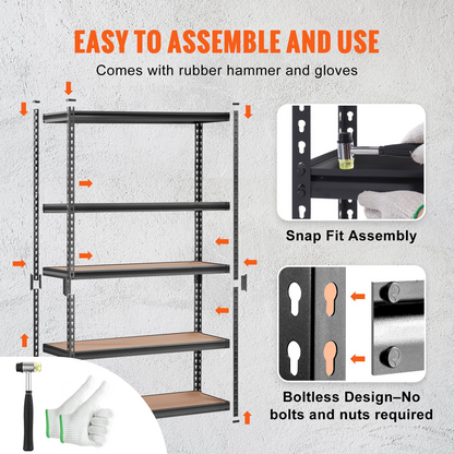 Start2Finish VEVOR 5-tier adjustable heavy-duty metal storage shelving unit in black, 48" x 24" x 72" for garage or pantry organization.