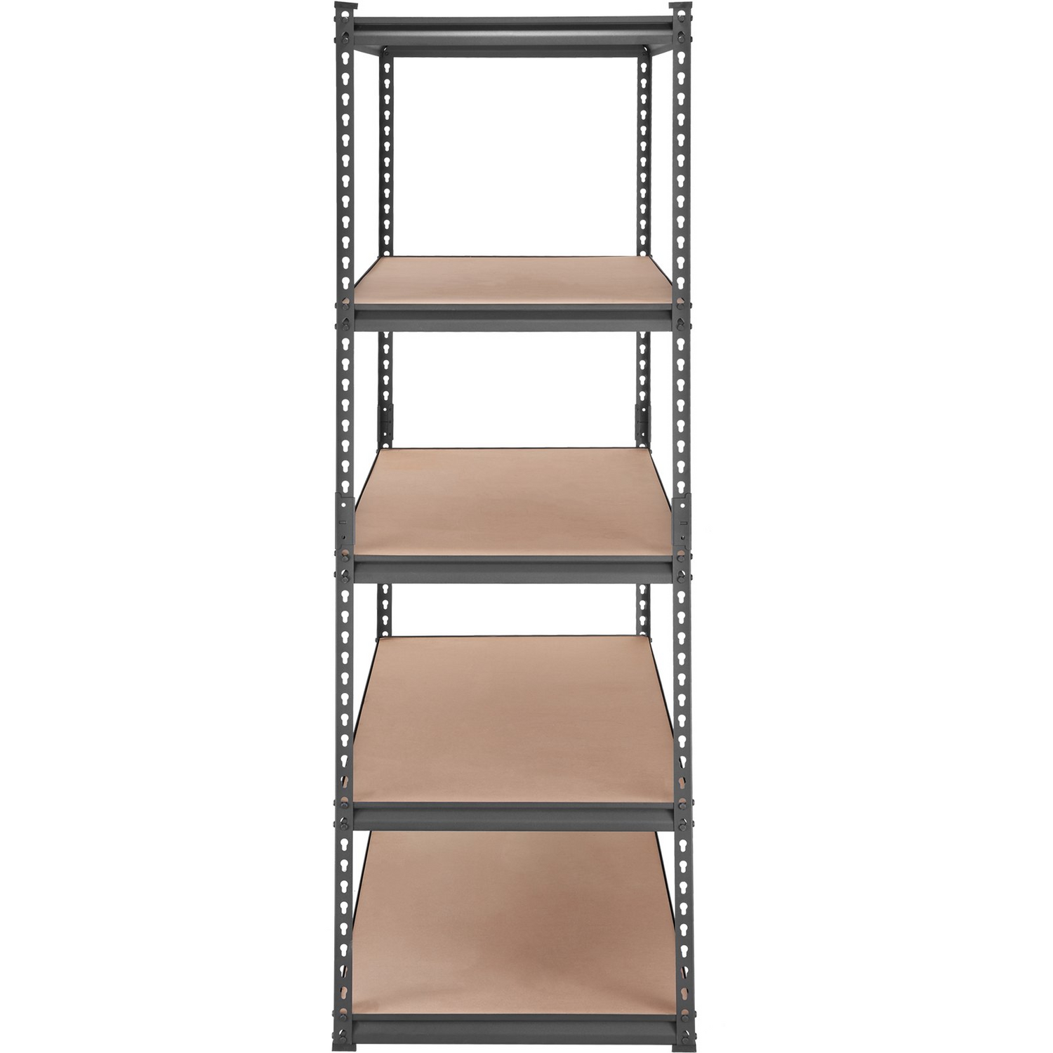 Heavy-duty black VEVOR 5-tier adjustable metal shelving unit in a garage, with sturdy shelves and 2000 lbs capacity for storage.