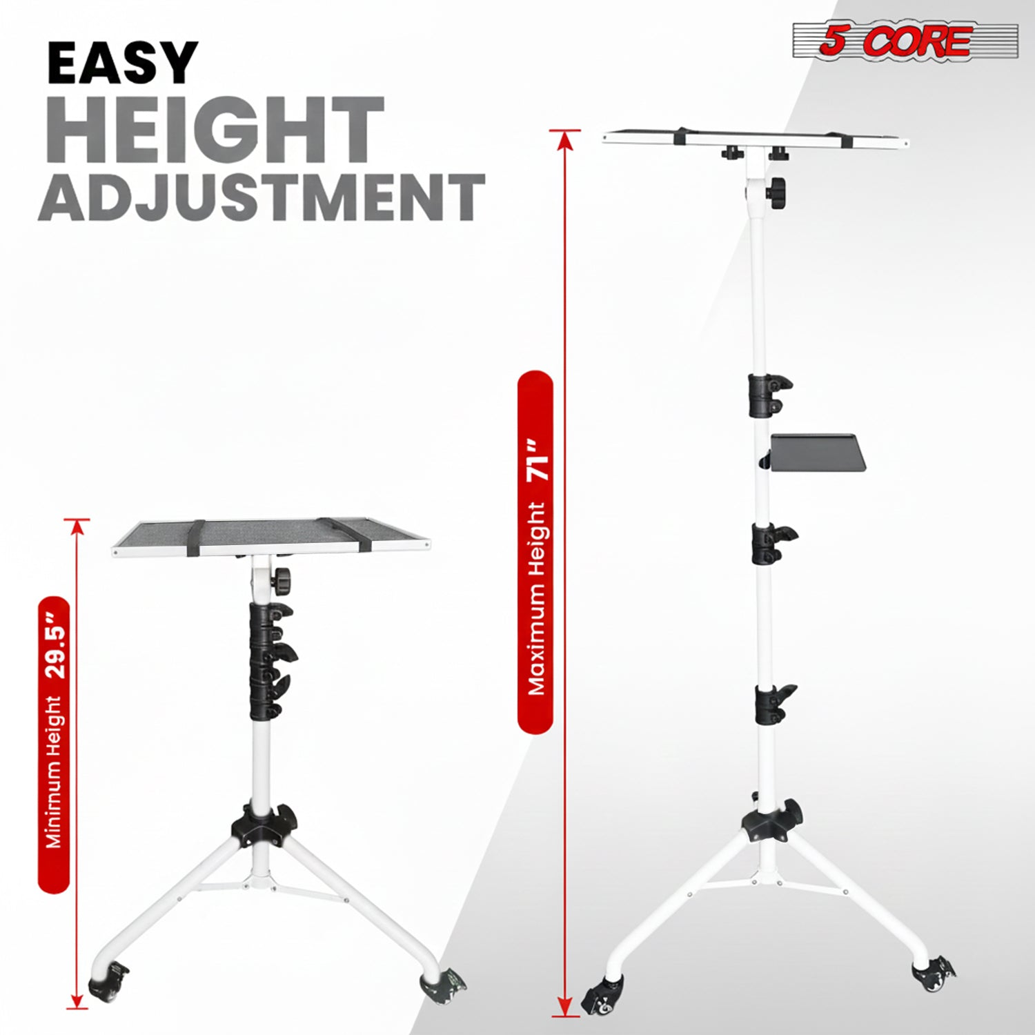 Adjustable projector stand by Start2Finish with 2 shelves, phone holder, portable tripod for laptops from 29.5 to 71 inches.