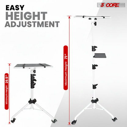 Adjustable projector stand by Start2Finish with 2 shelves, phone holder, portable tripod for laptops from 29.5 to 71 inches.