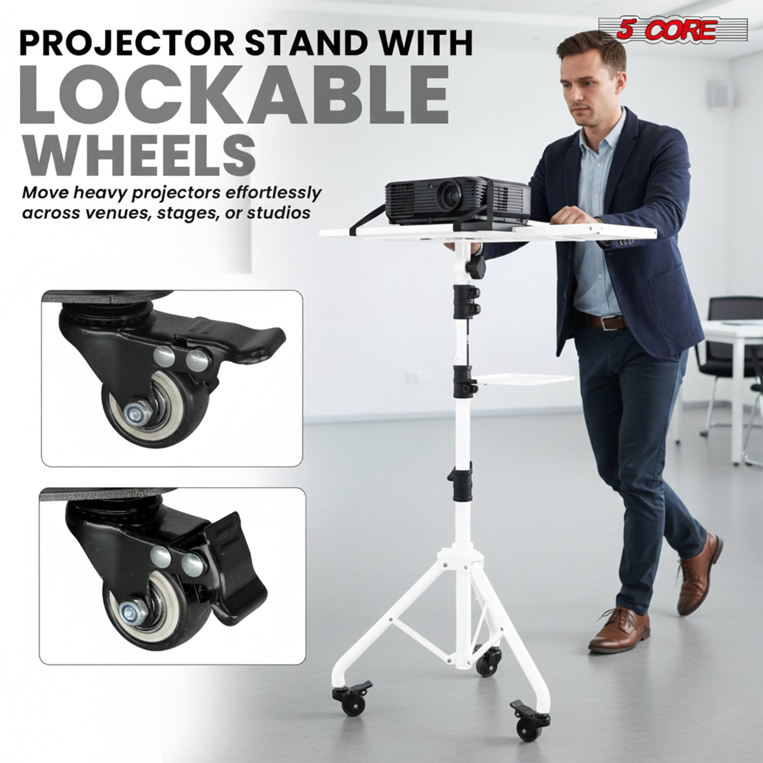 Adjustable Start2Finish projector stand with two shelves, phone holder, and portable tripod for laptops from 29.5 to 71 inches tall.