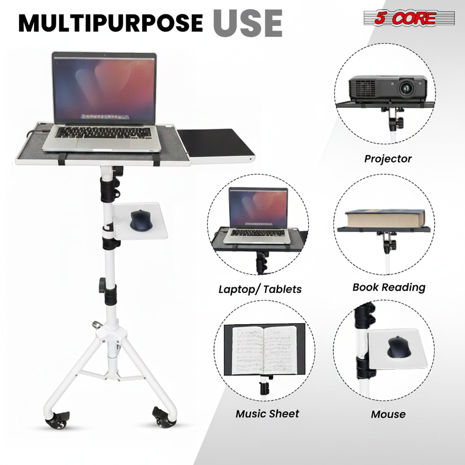 Start2Finish adjustable projector stand with 29.5 to 71-inch tripod, two shelves, laptop cart, and phone holder for versatile use