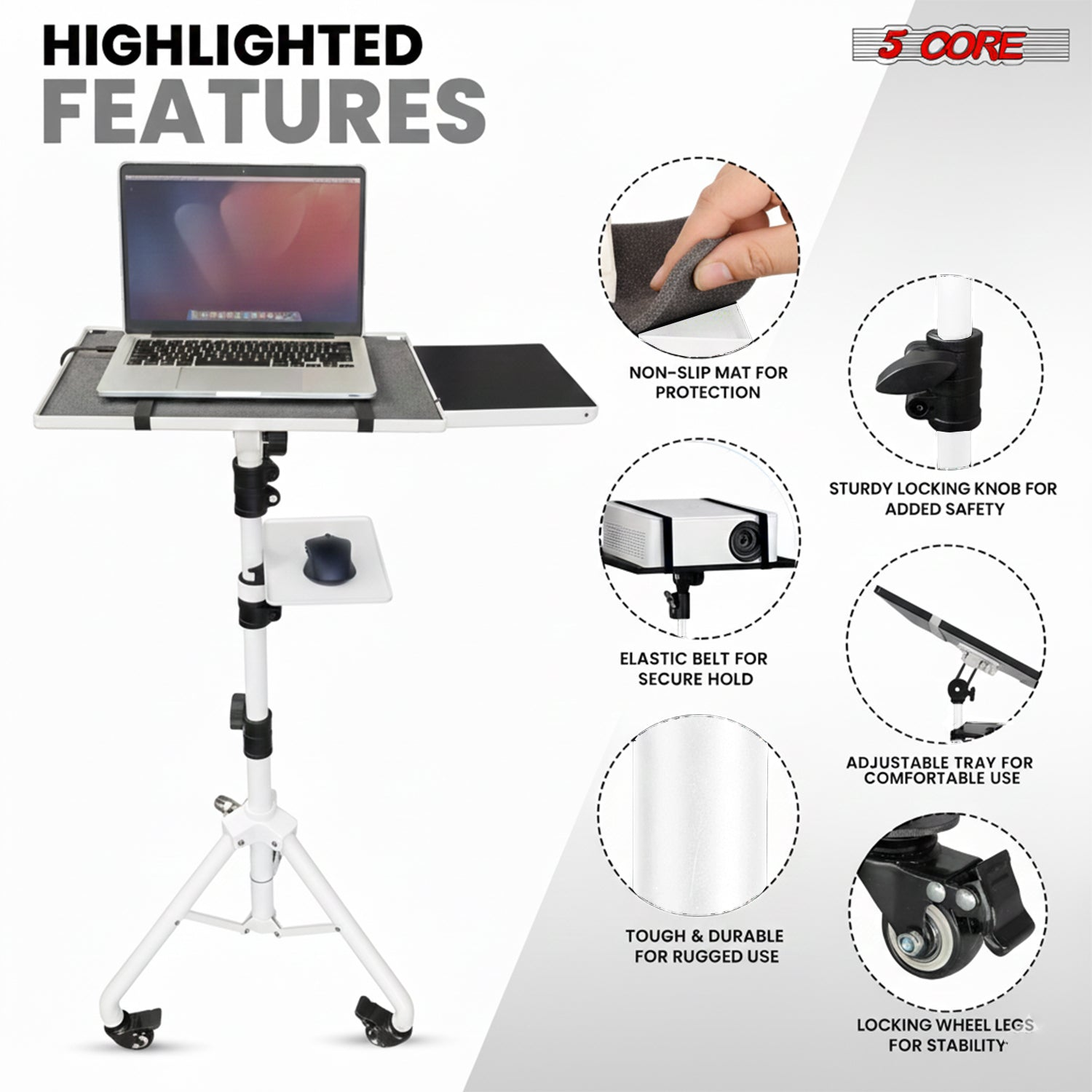Start2Finish adjustable projector stand with two shelves, portable tripod, phone holder, extending from 29.5 to 71 inches.