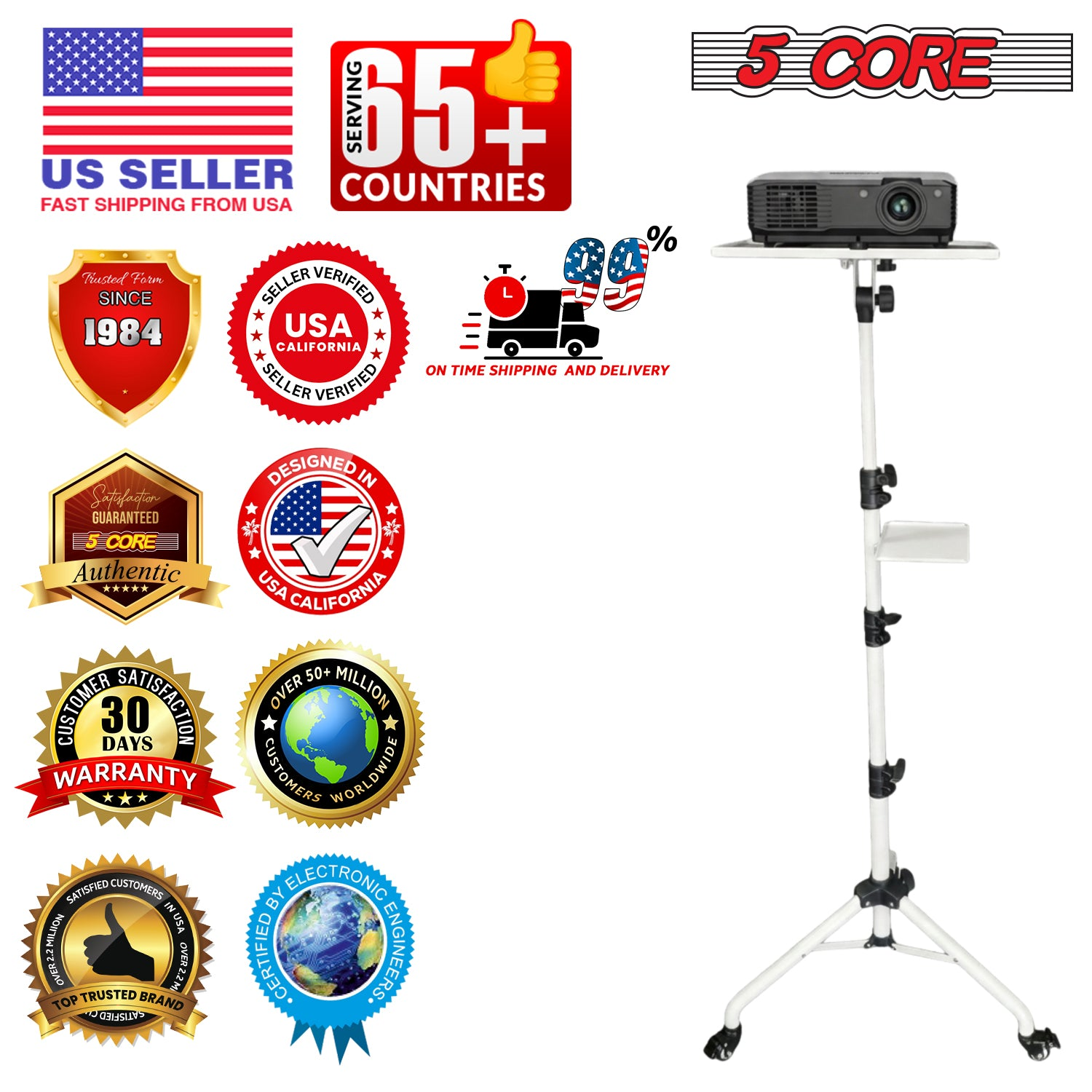Adjustable projector stand with two shelves, phone holder, and portable tripod from Start2Finish, height adjustable from 29.5 to 71 inches.