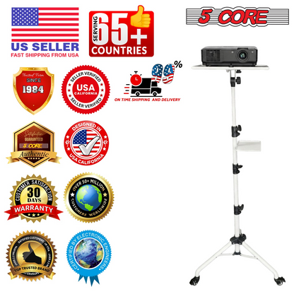 Adjustable projector stand with two shelves, phone holder, and portable tripod from Start2Finish, height adjustable from 29.5 to 71 inches.
