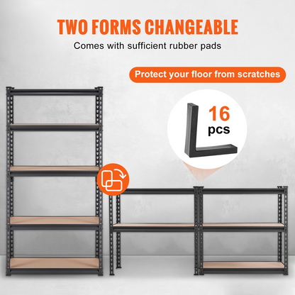 Black VEVOR 5-tier adjustable metal storage shelving unit with heavy-duty capacity, ideal for garage, pantry, or laundry organization.