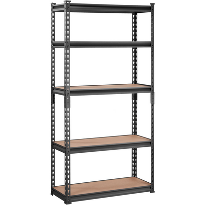 Start2Finish VEVOR 5-tier heavy-duty black metal storage shelving unit with adjustable shelves, ideal for garage, pantry, or laundry.