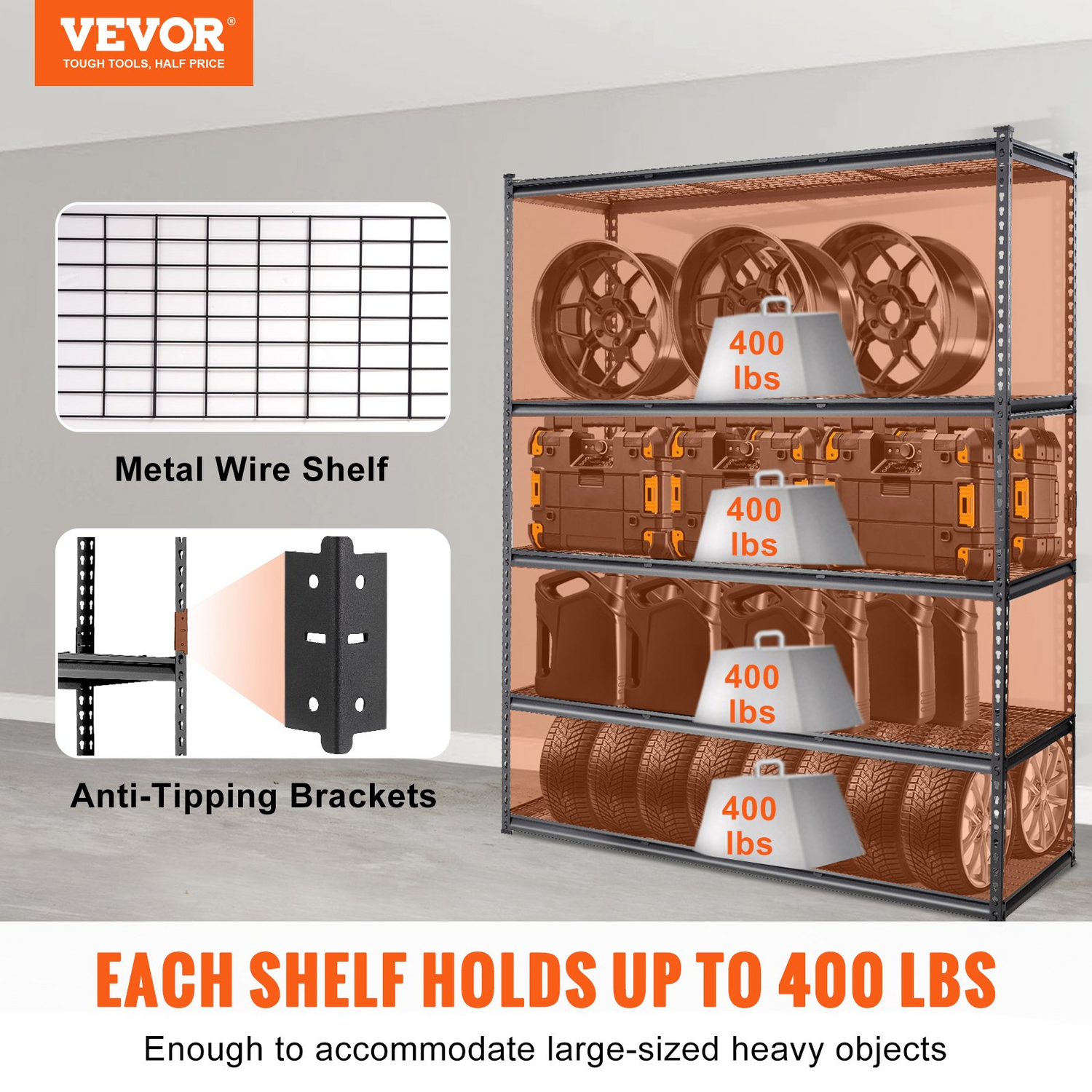 Start2Finish VEVOR 5-tier heavy-duty black metal storage shelving unit with adjustable shelves, 2000 lbs capacity, for garage or pantry.