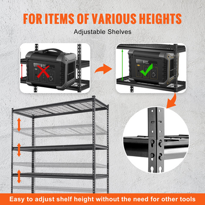 Start2Finish VEVOR 5-tier black metal shelving unit with adjustable shelves, heavy-duty garage wire rack, 60x24x78 inches.