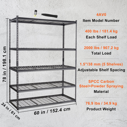 Start2Finish VEVOR 5-tier adjustable metal shelving unit with black finish, 60" x 24" x 78" for garage, pantry, or laundry storage
