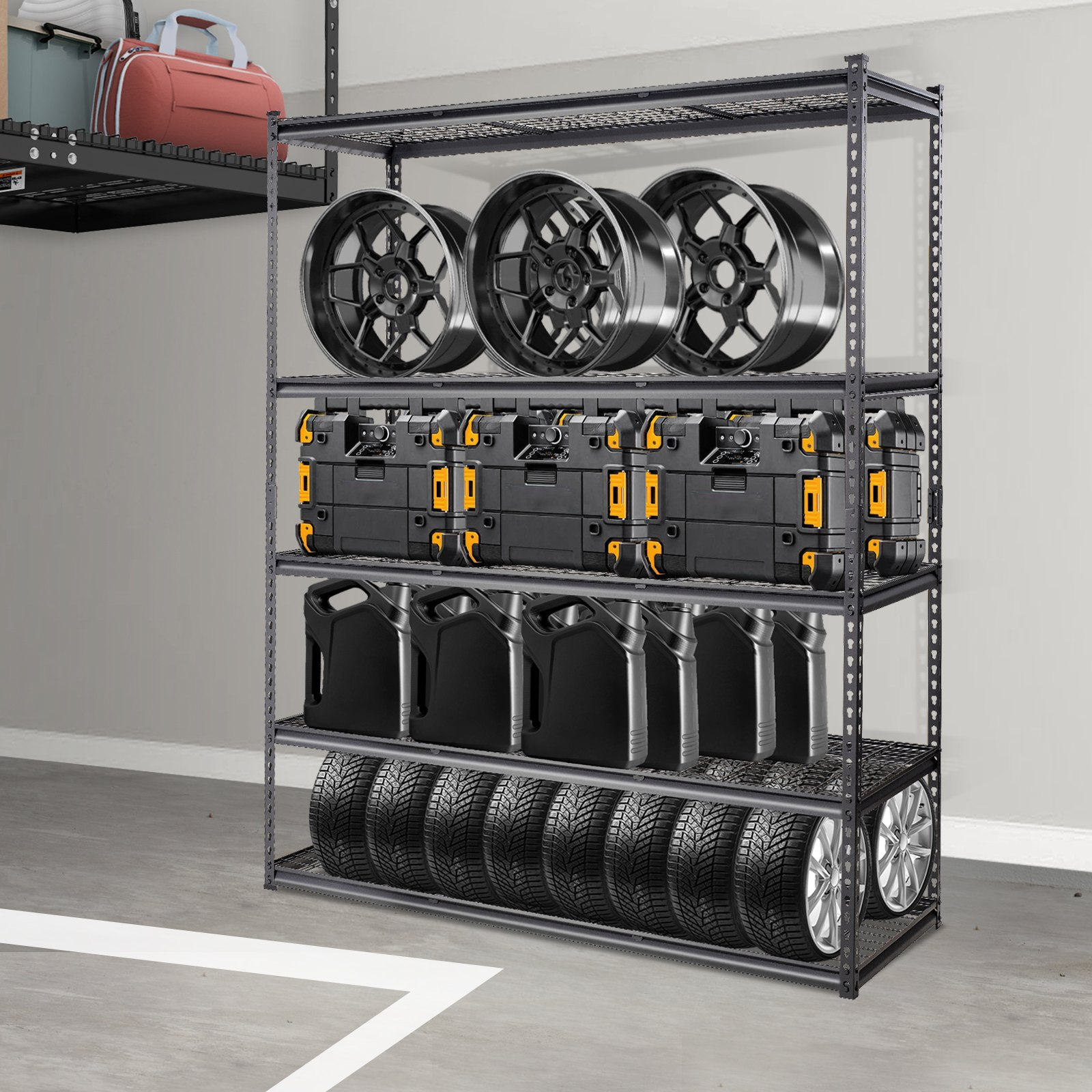 Start2Finish VEVOR 5-tier adjustable heavy-duty garage shelving unit with black metal wire racks, 60x24x78 inches for storage.