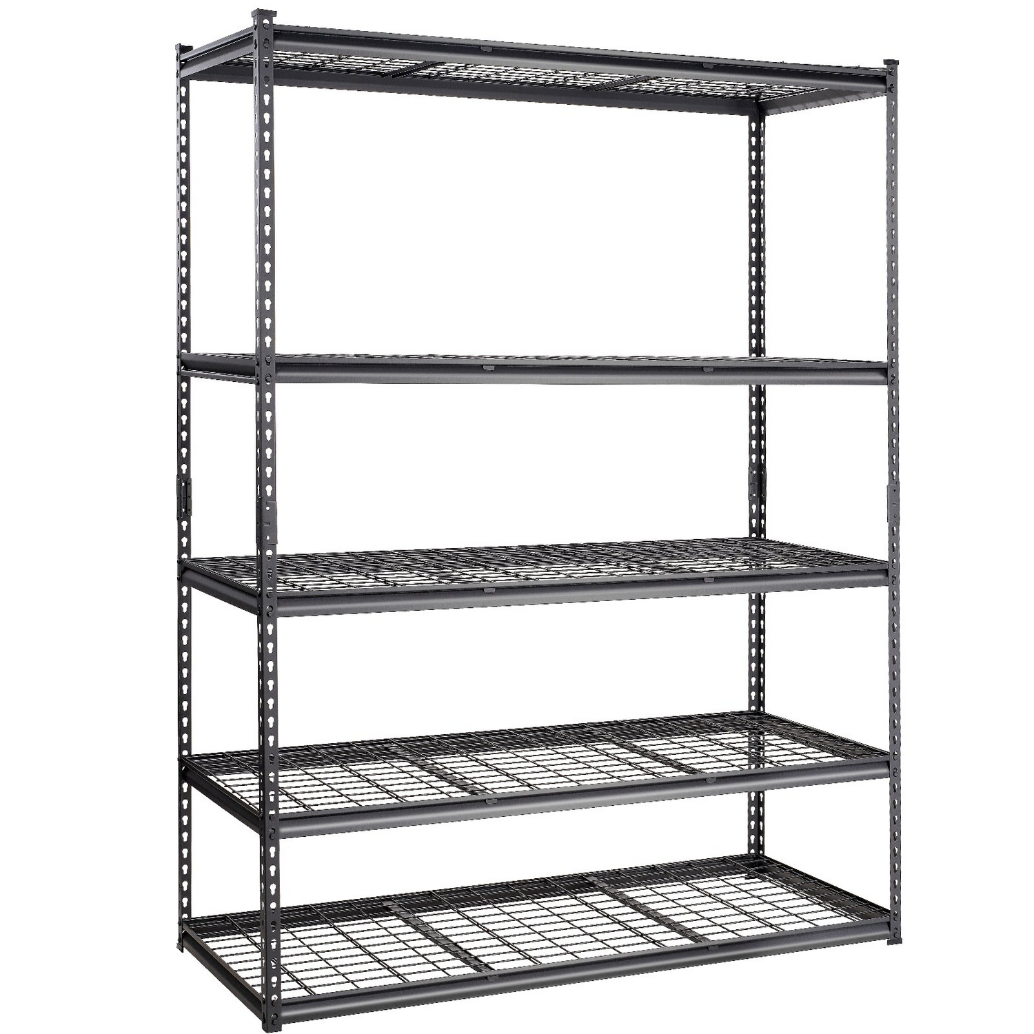 Start2Finish VEVOR 5-tier black metal storage shelving unit with adjustable shelves, suitable for garage, pantry, or laundry organization.