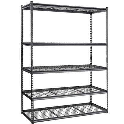 Start2Finish VEVOR 5-tier black metal storage shelving unit with adjustable shelves, suitable for garage, pantry, or laundry organization.