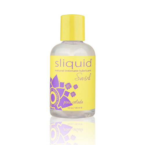 Sliquid Naturals Swirl Pink Lemonade flavored lubricant bottle showing the product label and colorful design.
