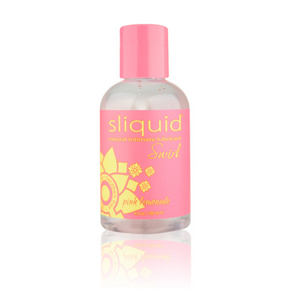 Sliquid Naturals Swirl Pink Lemonade flavored lubricant bottle from Start2Finish, with colorful label and product branding visible.