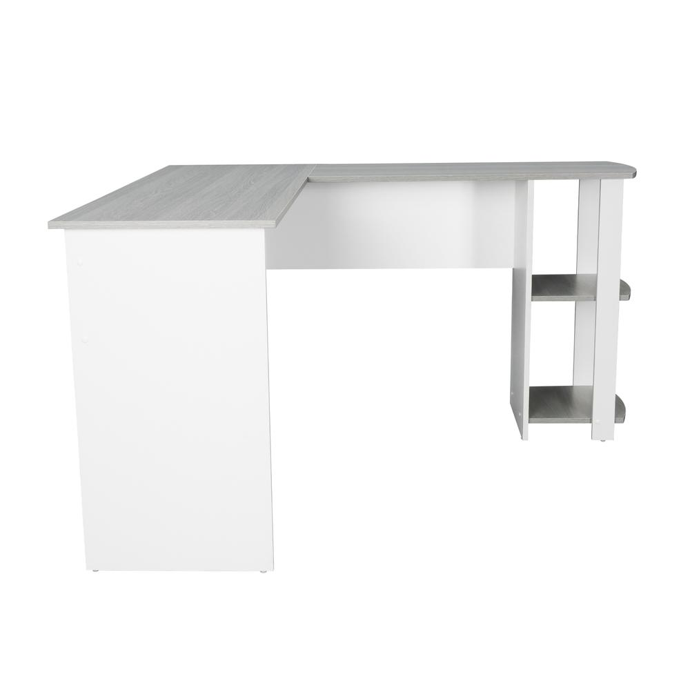 Start2Finish Techni Mobili modern L-shaped desk with side shelves in grey, featuring a sleek workspace setup and ample storage.