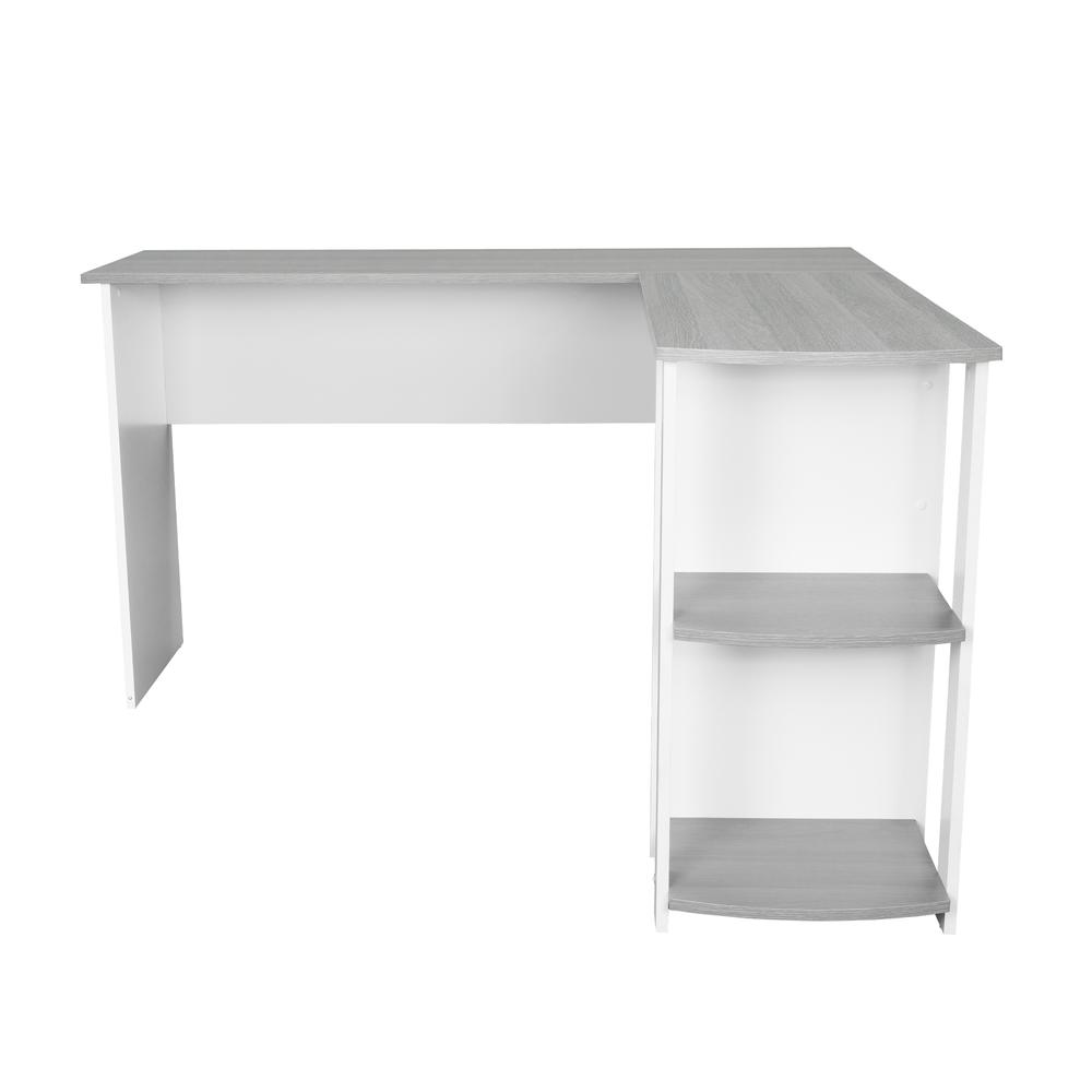 Modern grey Techni Mobili L-shaped desk with side shelves, featuring a sleek design and ample workspace for home or office use.