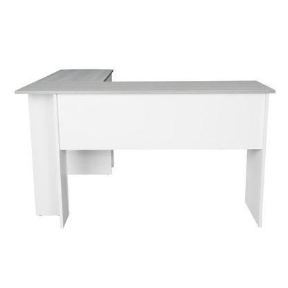 Techni Mobili grey L-shaped desk with side shelves, modern office furniture by Start2Finish, featuring spacious work surface and storage.