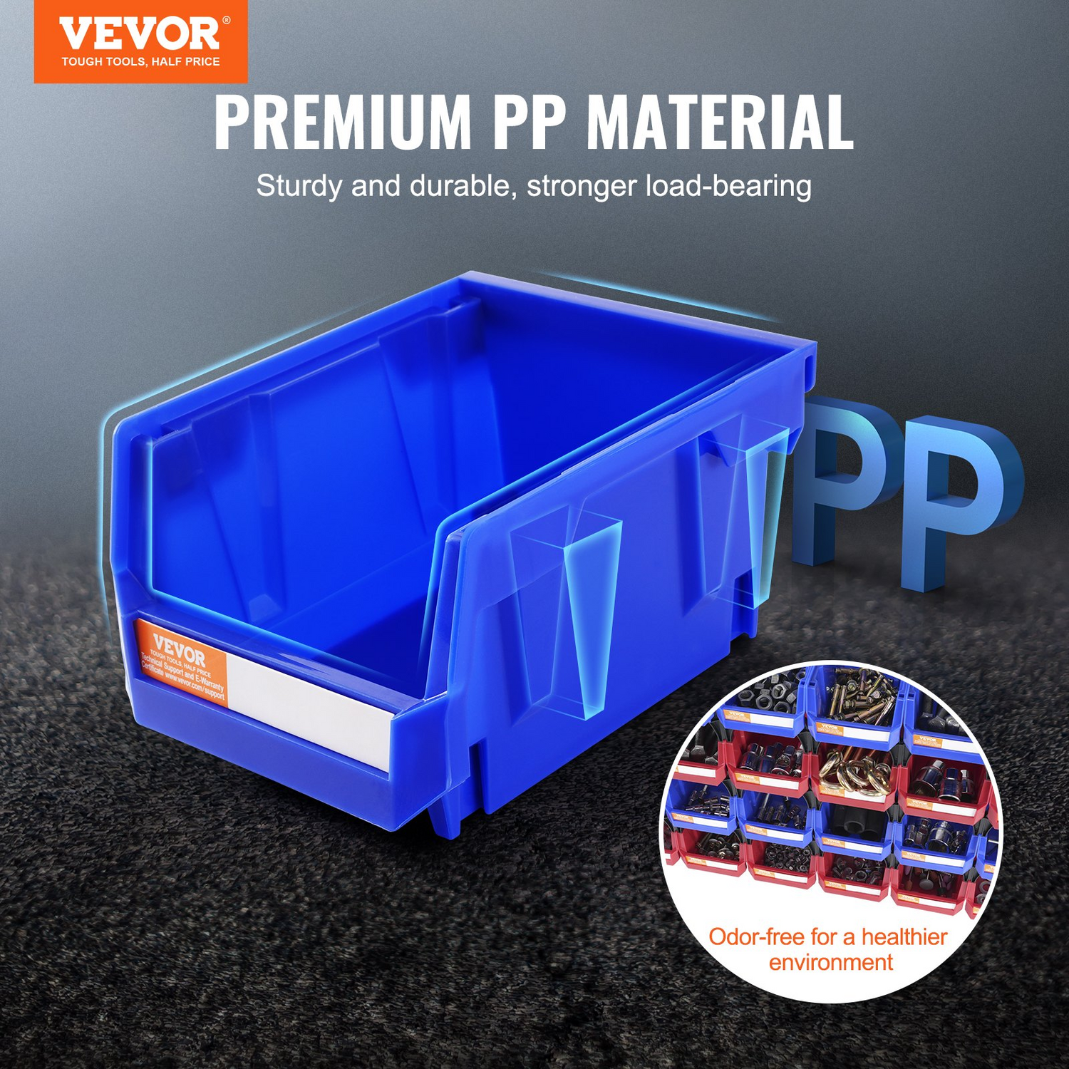 Stackable VEVOR plastic storage bins in blue and red, 5x4x3 inches, ideal for closet, kitchen, or pantry organization.