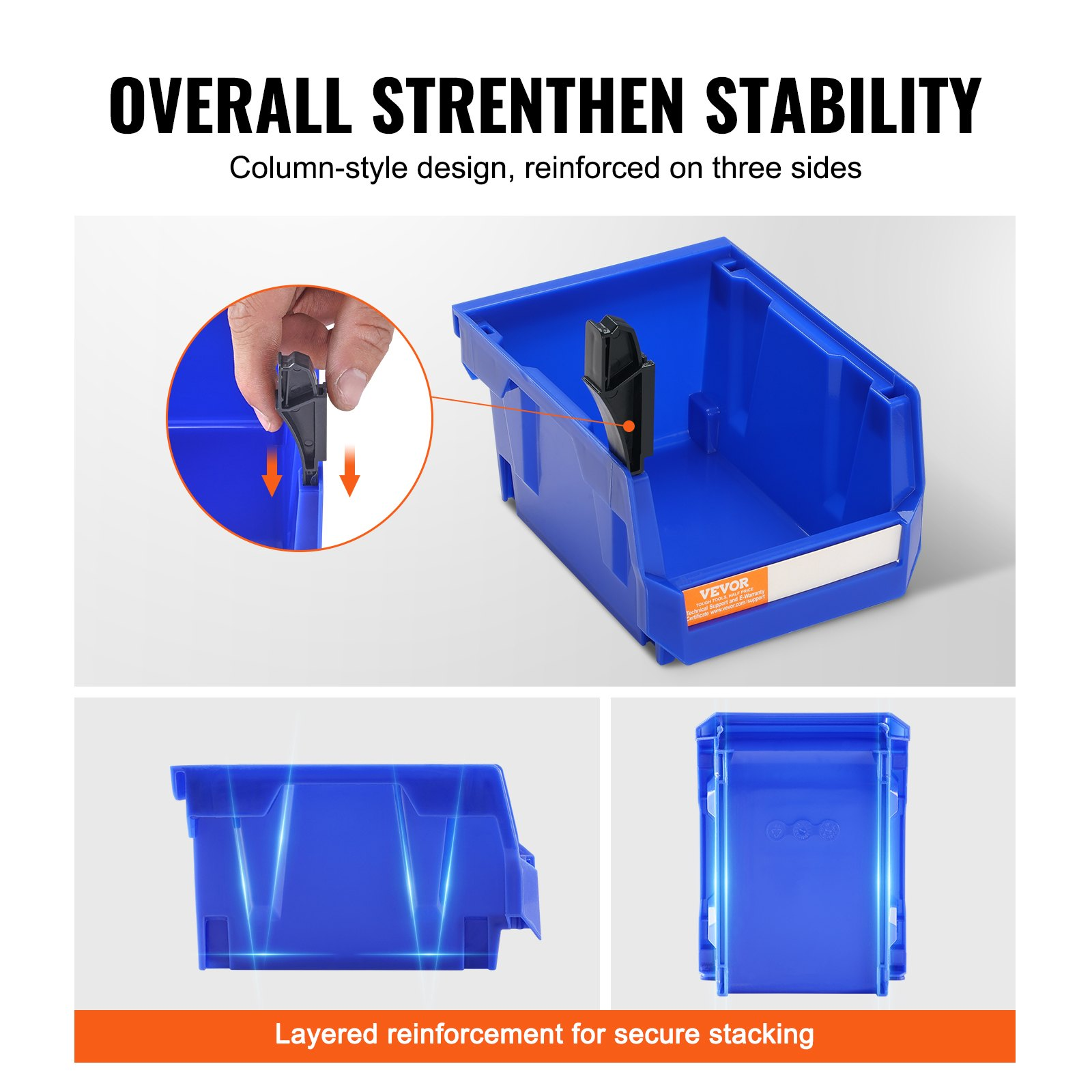 Stackable VEVOR plastic storage bins in blue and red, 5x4x3 inches, ideal for closet, kitchen, or office organization.