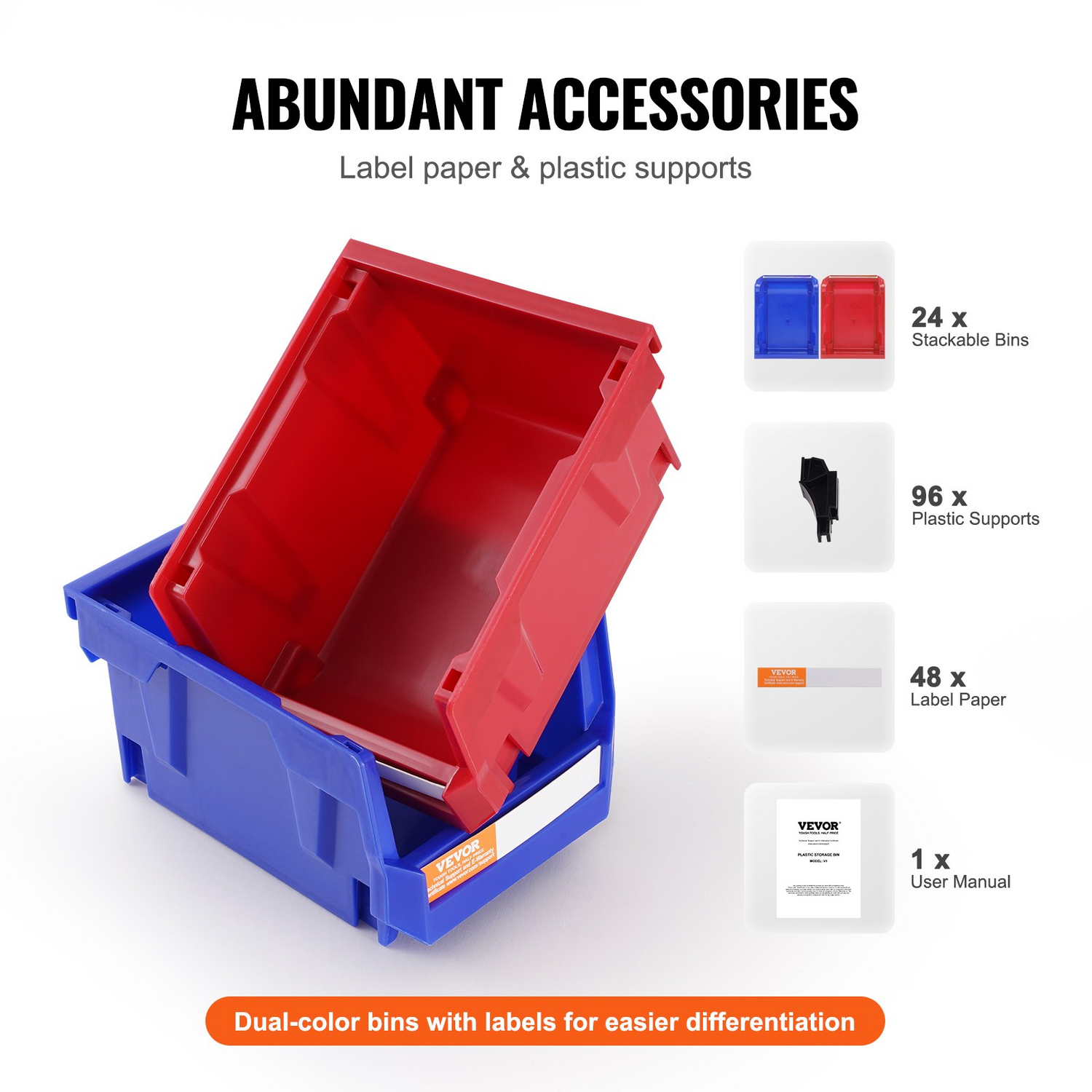 Stack of Start2Finish VEVOR plastic storage bins in blue and red, 5x4x3 inches, hanging and stackable for closet, kitchen, or pantry.