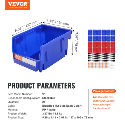 Stackable VEVOR plastic storage bins in blue and red, 5x4x3 inches, ideal for closet, kitchen, office, or pantry organization.