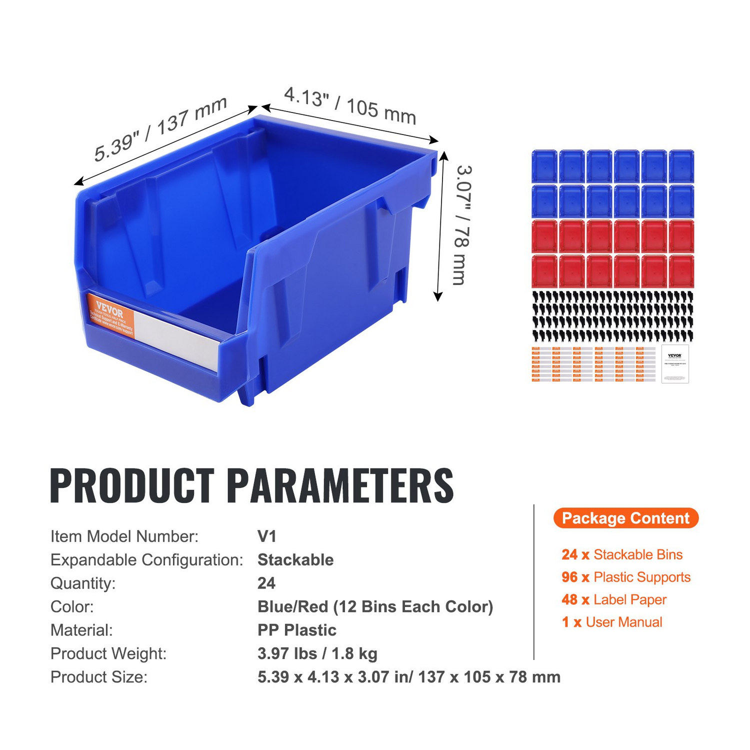 Start2Finish VEVOR plastic storage bin, 5x4x3 inches, hanging stackable organizer in blue and red for closet, kitchen, or pantry.