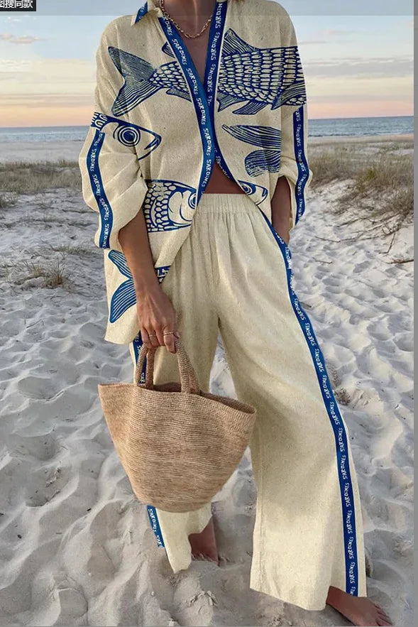Funny Printed Loose Two Piece Set Women Tropical Beach Holiday Outfits 2024 Casual Lapel Button Shirt Wide Leg Pants Sets