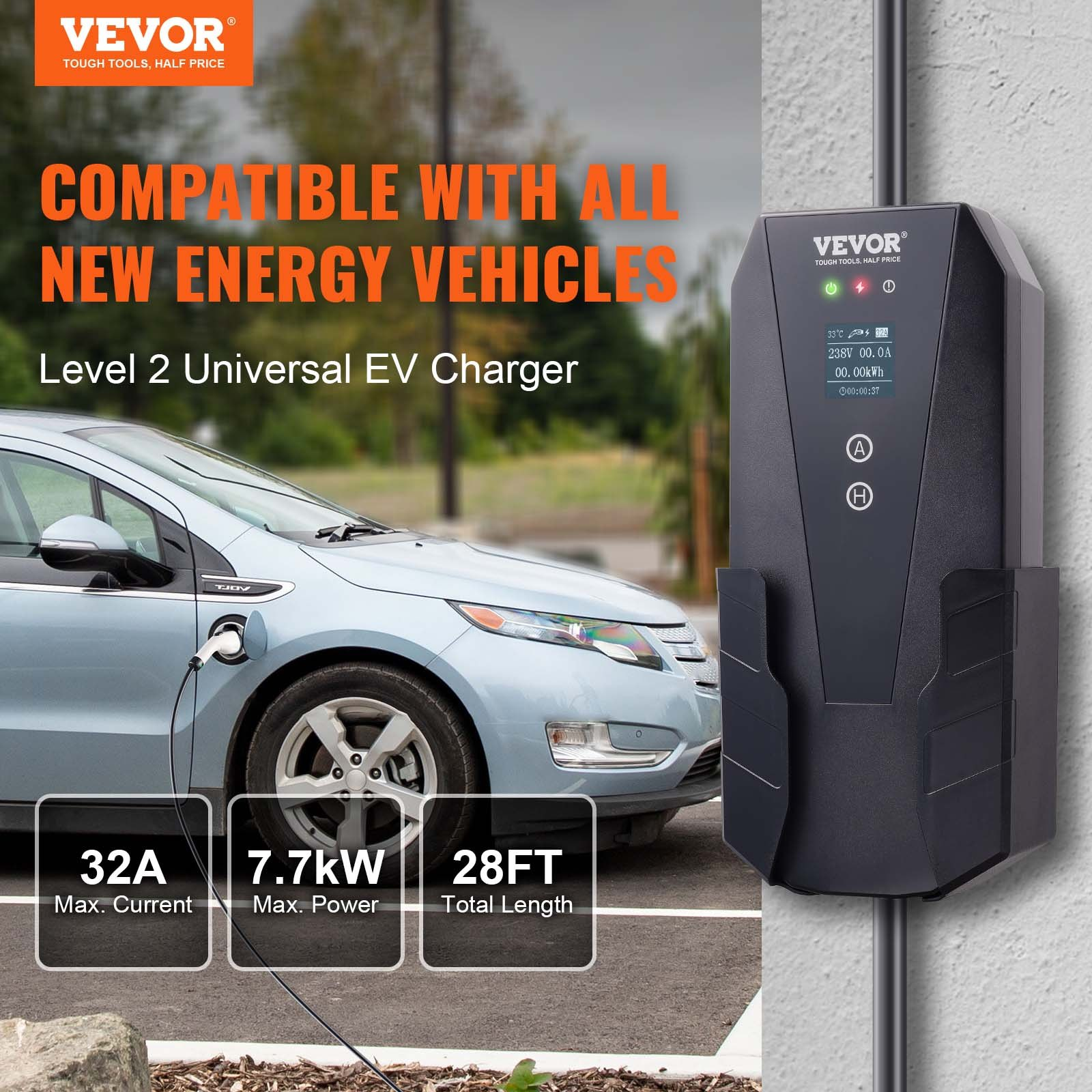 Start2Finish VEVOR Level 2 portable EV charger with 28 ft cable, 32 Amp, 240V, NEMA 14-50P plug, adjustable current for SAE J1772 EVs
