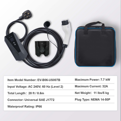 Start2Finish VEVOR Level 2 portable EV charger with 28 ft cable, 32A, 240V, NEMA 14-50P plug for SAE J1772 EVs