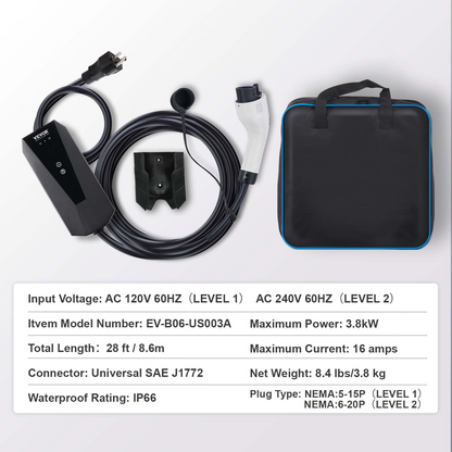 Start2Finish VEVOR Level 1+2 portable electric vehicle charger with 28-foot cable, NEMA plug, suitable for SAE J1772 EVs.