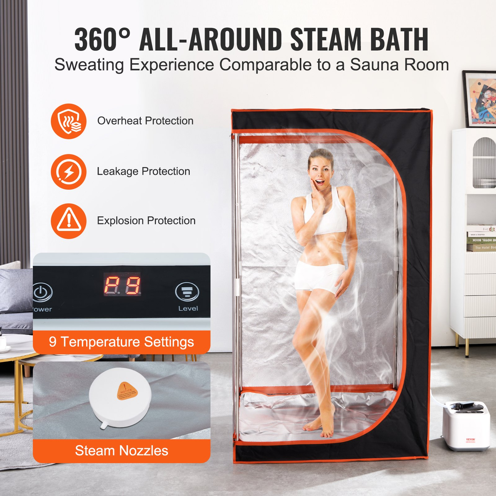 Start2Finish VEVOR portable steam sauna tent with full-size design, 1000W personal sauna blanket, remote control, and floor mat.