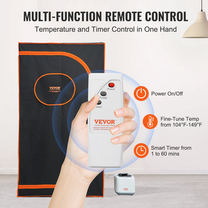 Start2Finish VEVOR portable steam sauna tent with remote control, full-size personal sauna blanket for home detox and body therapy.