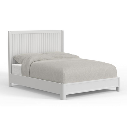White Stapleton Queen Panel Bed by Start2Finish with a sleek, modern headboard and frame, showcasing elegant design and clean lines.