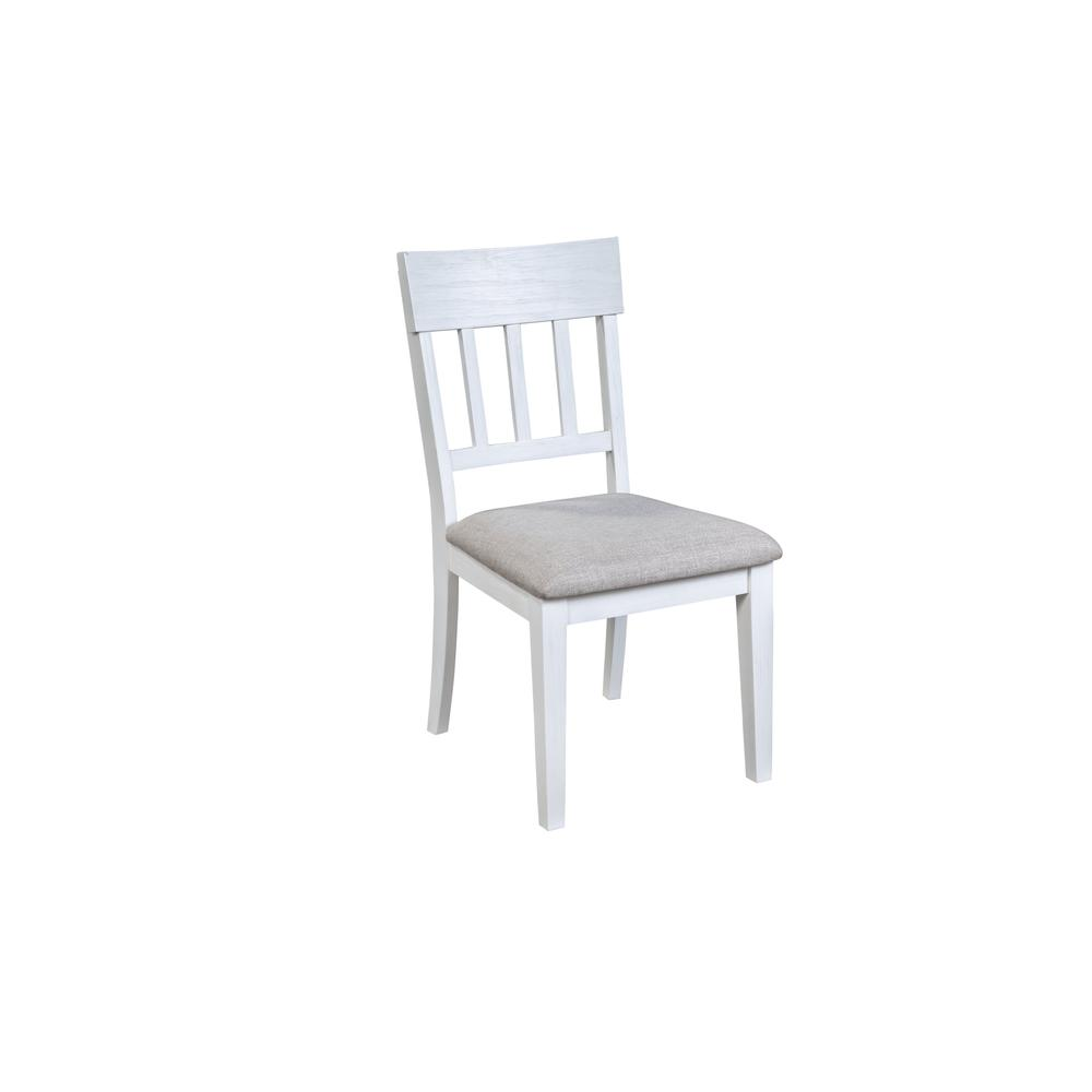Two white Donham side chairs from Start2Finish with sleek, modern design and smooth curved backs, shown in a well-lit room setting.