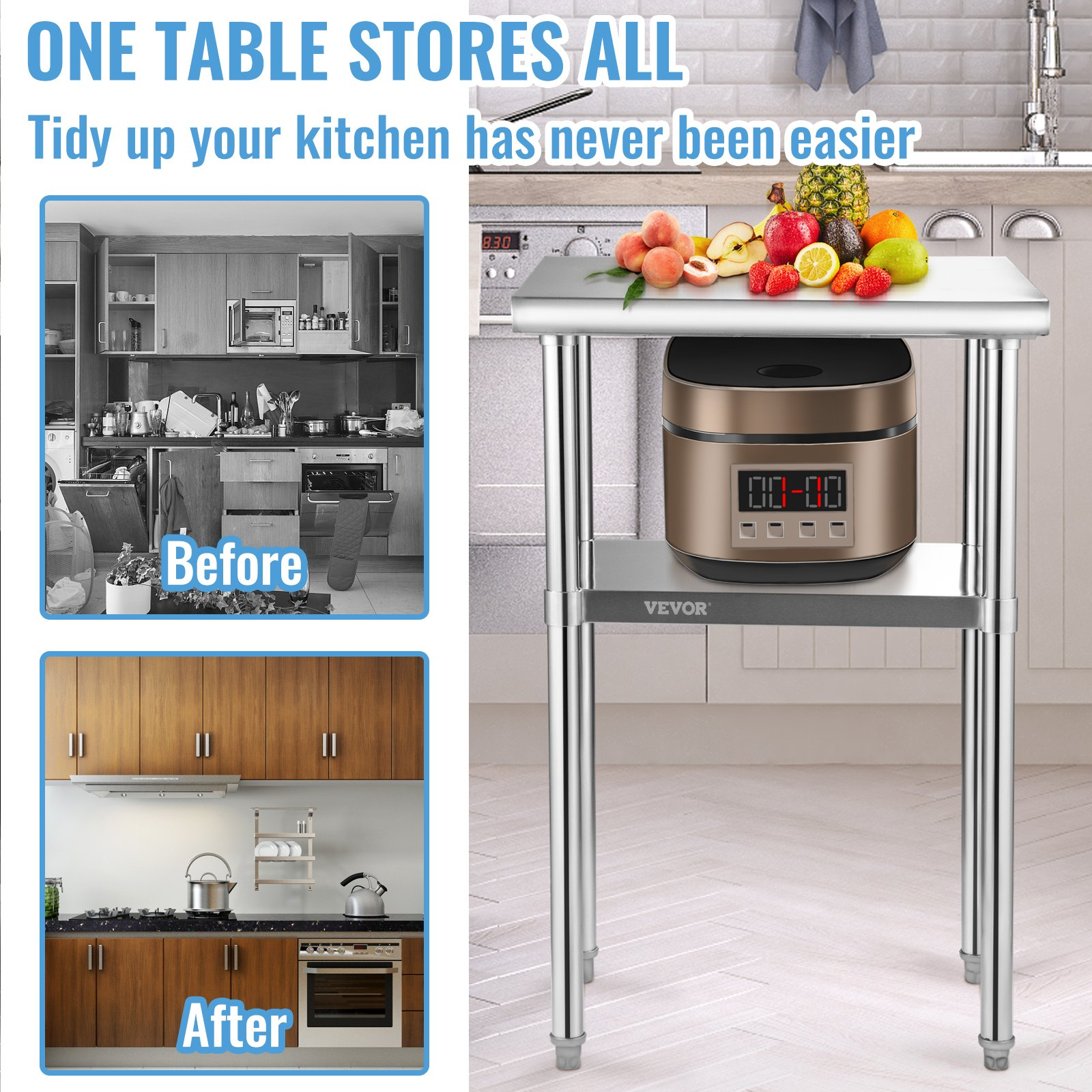 Start2Finish stainless steel prep table with adjustable undershelf, heavy-duty metal work surface, and sturdy feet for commercial kitchens.