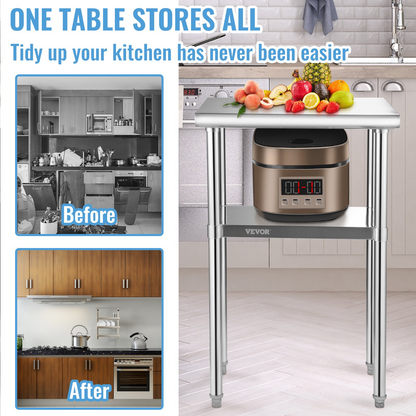 Start2Finish stainless steel prep table with adjustable undershelf, heavy-duty metal work surface, and sturdy feet for commercial kitchens.