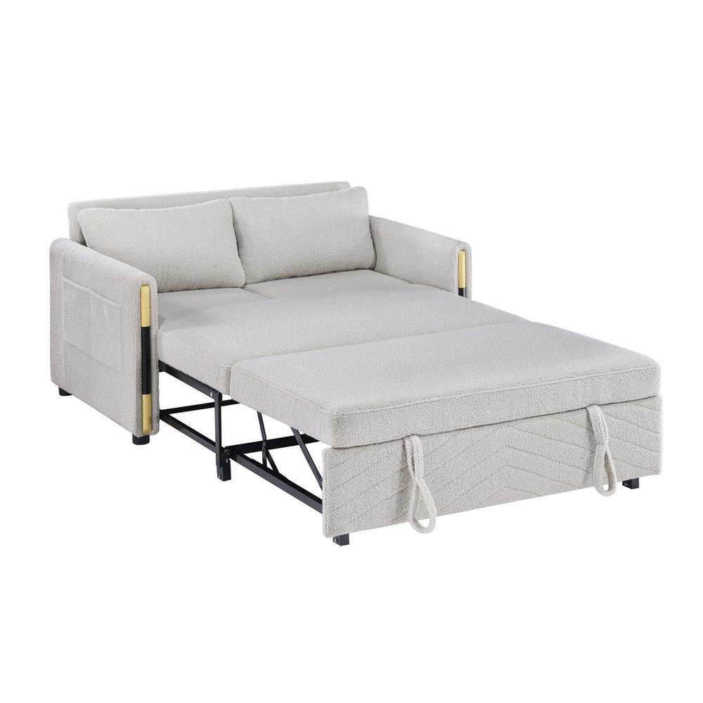 Beige Teddy Velvet Sleeper Loveseat with side pockets by Start2Finish, showing soft velvet upholstery and built-in side storage.