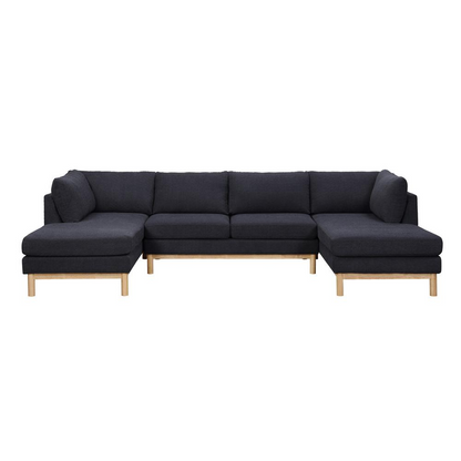 Black Sherpa double chaise U-shape sectional sofa by Start2Finish, showing plush, wide chaise lounges and cozy, soft fabric.