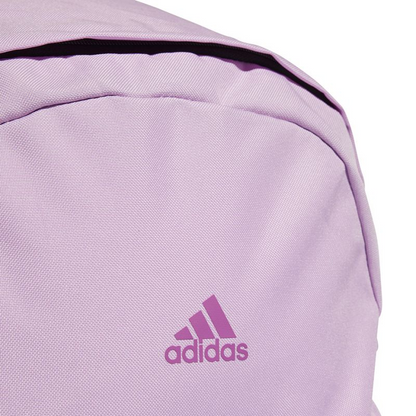Adidas Classic Badge of Sport 3-Stripes backpack with front zipper pocket and adjustable straps, in black with white logo.