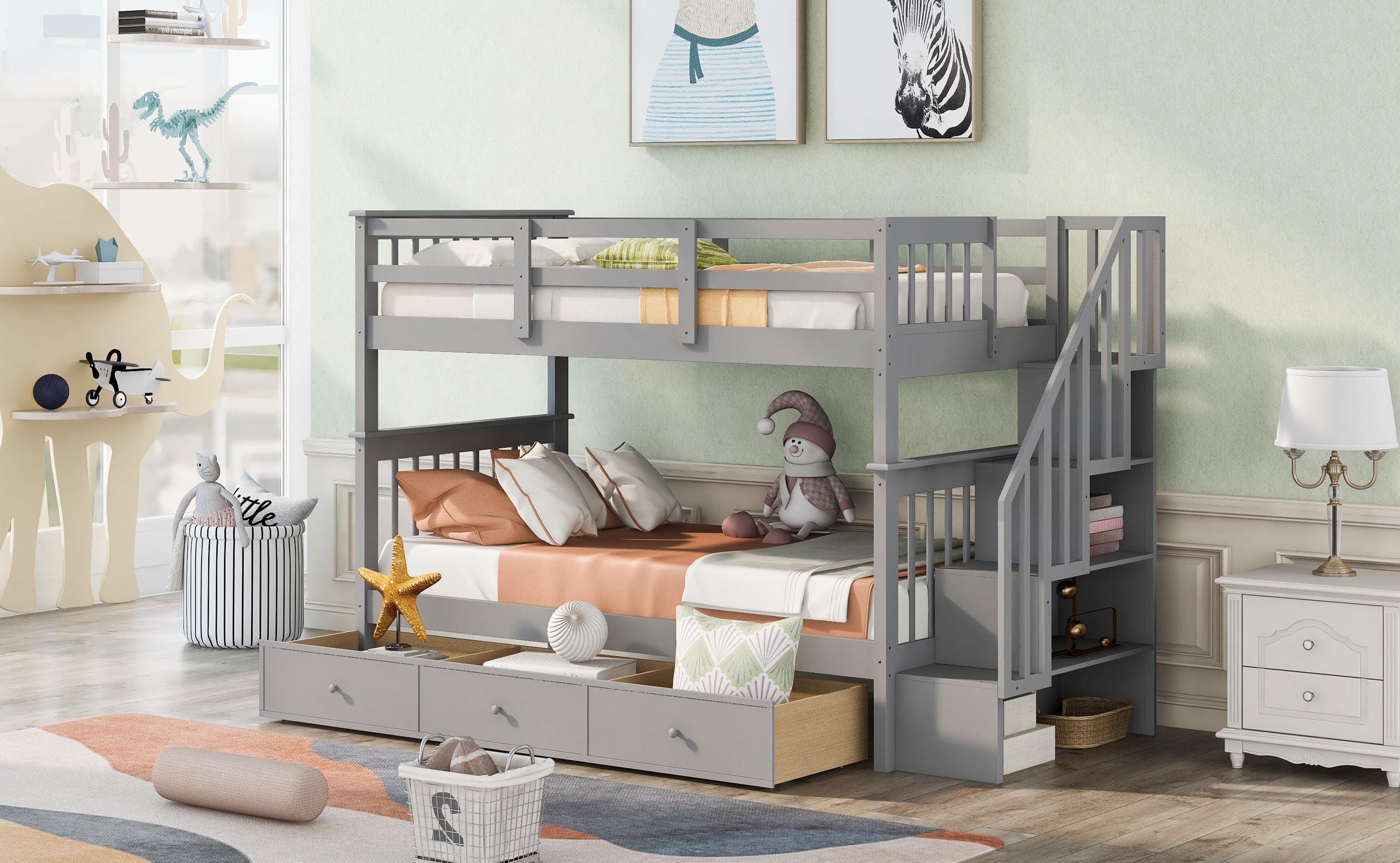 Stairway Twin-Over-Twin Bunk Bed with Three Drawers for Bedroom, Dorm
