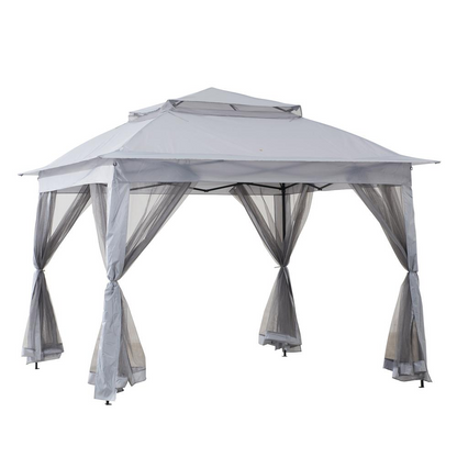 Gray 11 ft. x 11 ft. Start2Finish portable steel gazebo with pop-up design and sturdy frame for outdoor shade and shelter.