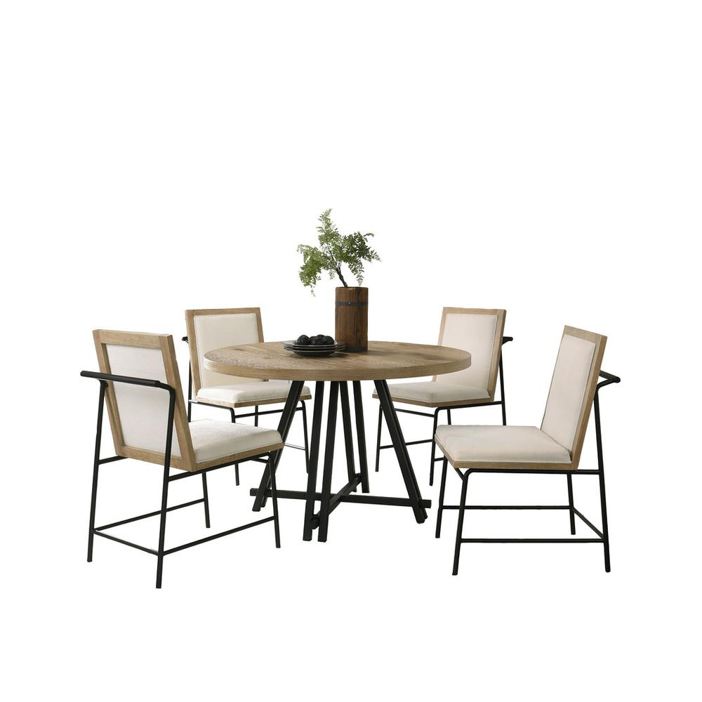 Start2Finish Tate oak finish 47-inch round dining table set with cream upholstered chairs, modern wood dining furniture for kitchen or dining room.