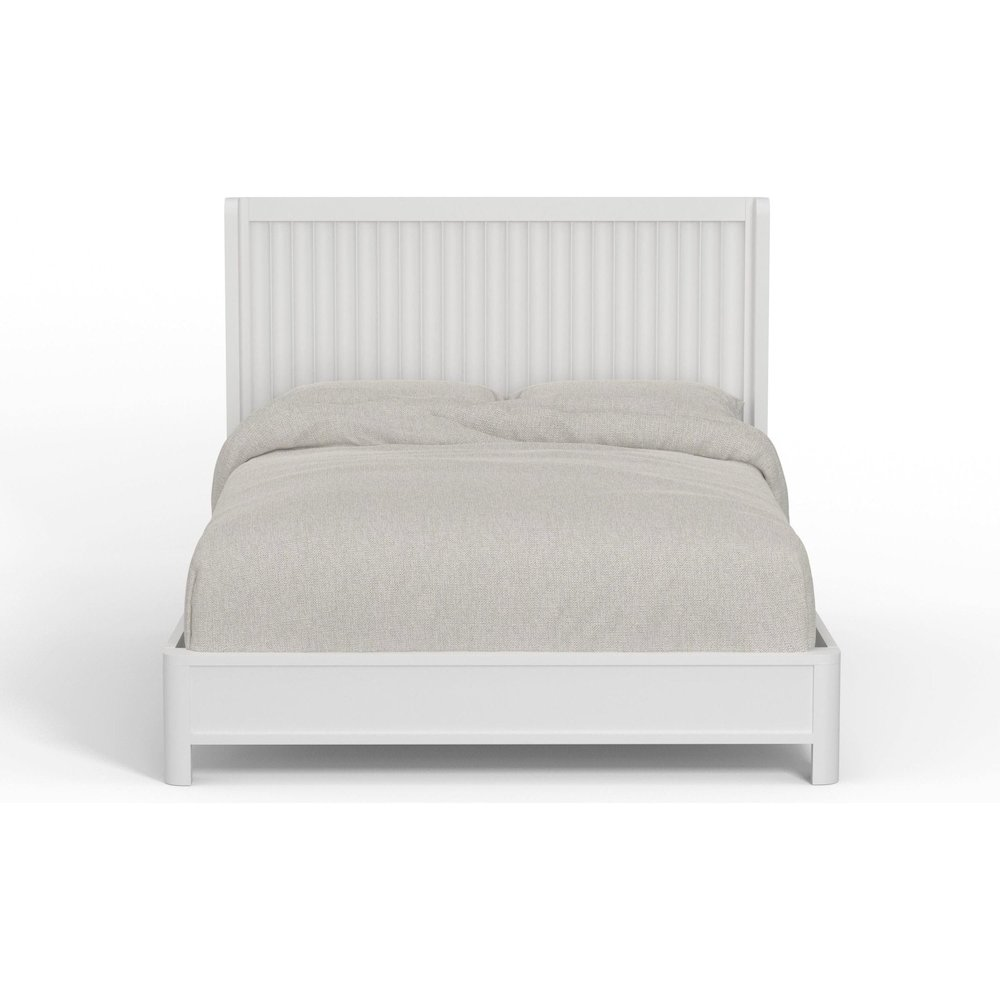 White Stapleton Queen Panel Bed by Start2Finish with a classic wooden frame and sleek headboard design.
