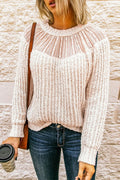 Beige Round Neck Lace Splicing Knitted Sweater