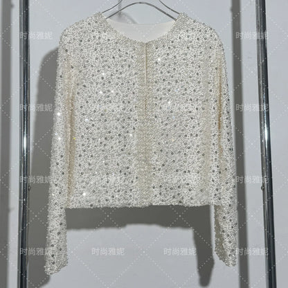 Fashion Heavy Sequin Beaded Cardigan Jacket for Women Slim Fit Bodycon Mid-Length Skirt Trendy Long Sleeve Coat