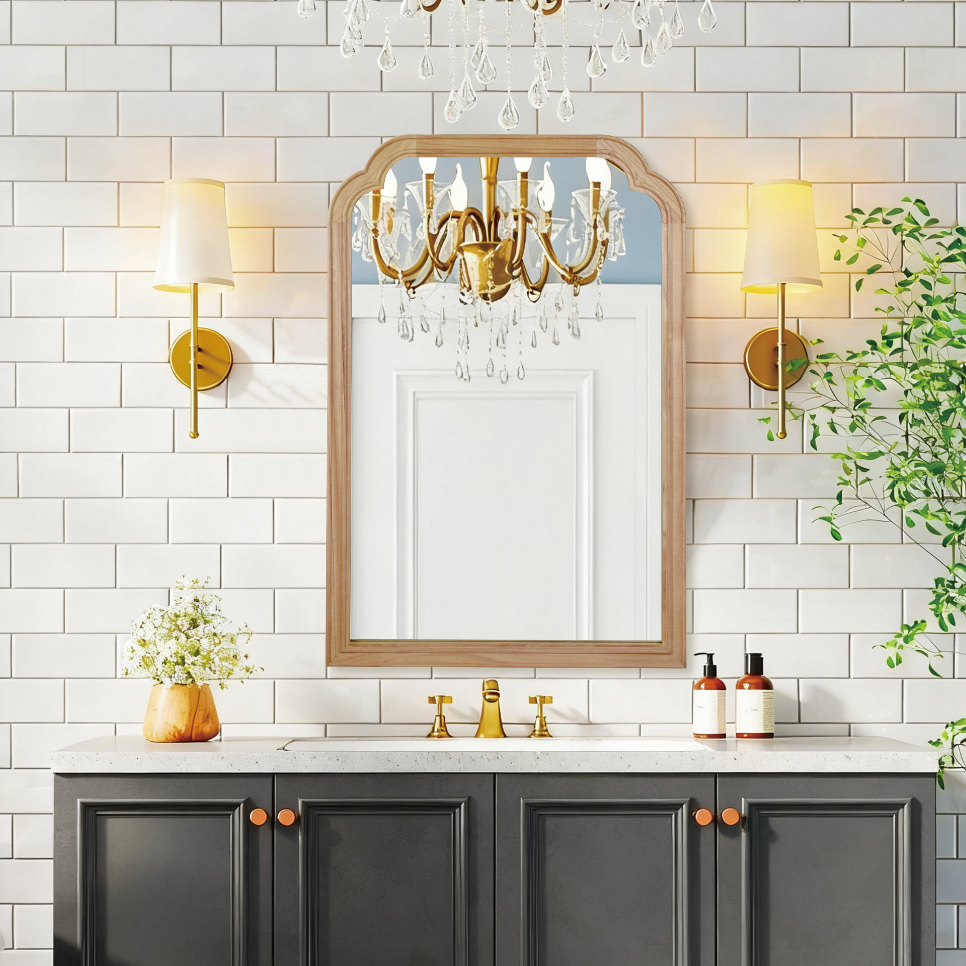 Start2Finish rounded corner solid wood wall mirror with a sleek frame, suitable for bathroom, bedroom, entryway, or living room.