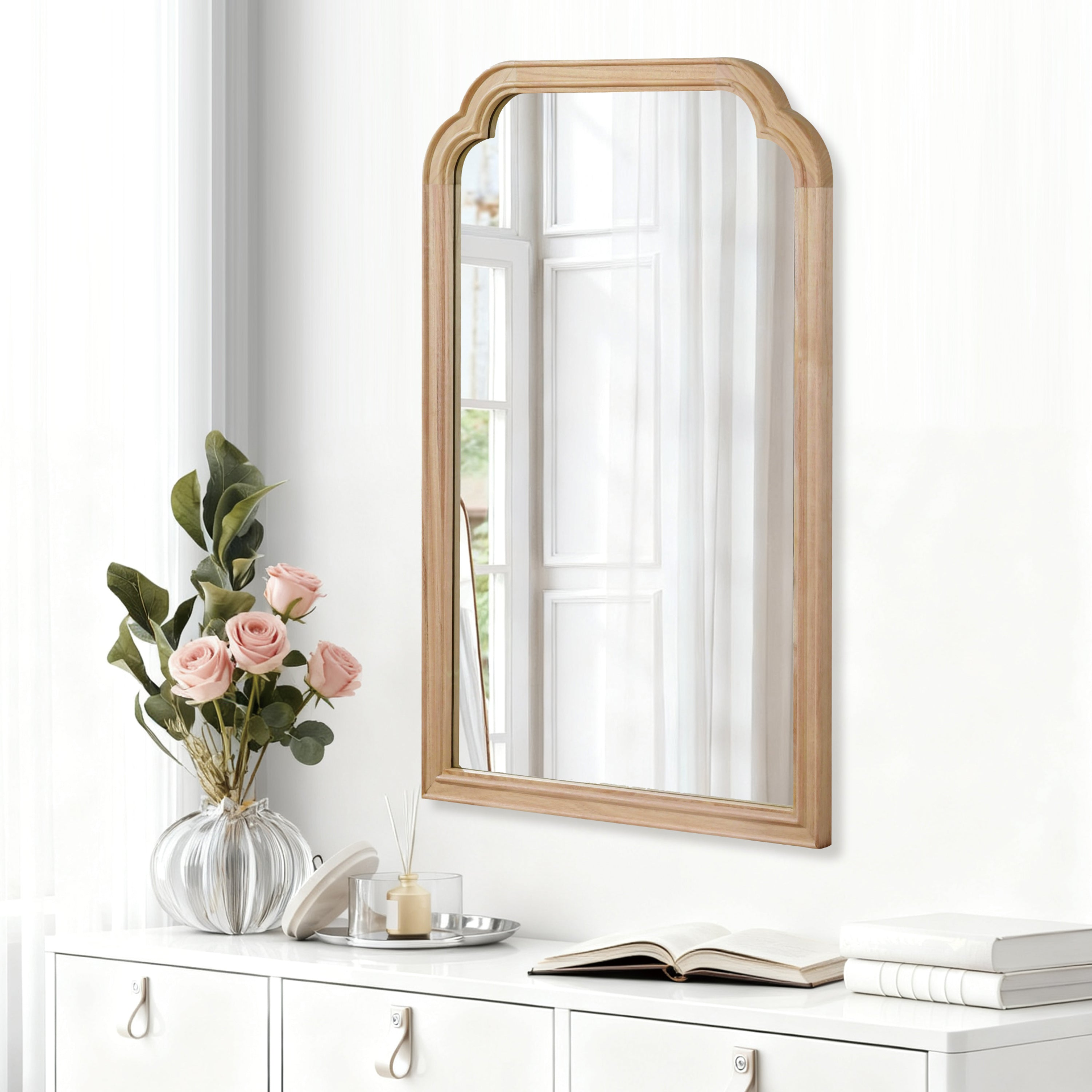 Start2Finish rounded corner solid wood wall mirror showing a sleek, natural wood frame suitable for bathroom, bedroom, or entryway decor.